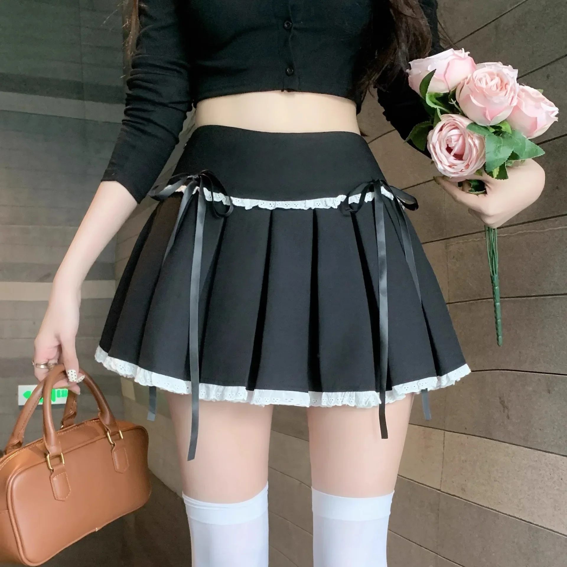 الصيف عالية الخصر مطوي تنورة صغيرة المرأة أزياء من الدانتل تقليم ألف خط نصف الجسم التنانير فراشة عقدة فساتين قصيرة