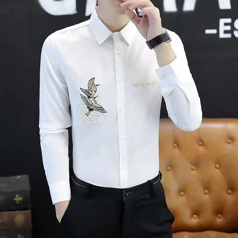 Men's Slim Fit Long Sleeve Shirt Stretch Fabric Pure White Youth Office Work Professional Dress Shirt