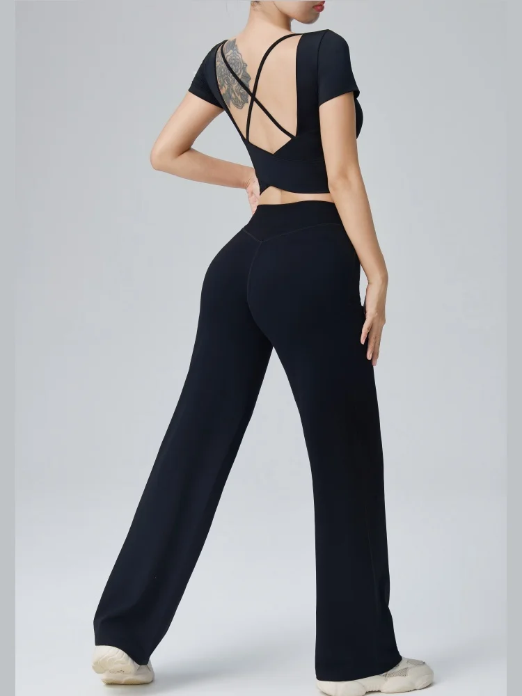 2-teiliges Set Damen Gym Sport Yoga Anzug, einfarbig, rückenfreie Yoga-Unterwäsche mit Brustpolster, hochtaillierte Push-Up-Hose mit weitem Bein – Detail 6