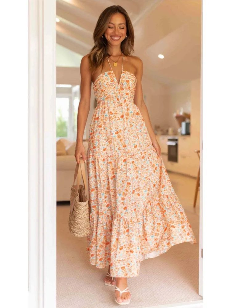 レディース サマー新作 ホルターネック Vネック ノースリーブ 花柄 フローイ Aライン マキシ丈ワンピース ボヘミアン バックレス パゲッティストラップ ロング ビーチドレス