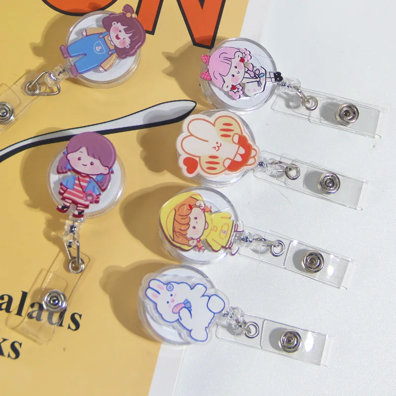 Acrylic Cartoon Retractable Badge Reel Cute ID Card Holder for Student Campus Meal Bus Card Decorative Elastic Lanyard with Clip