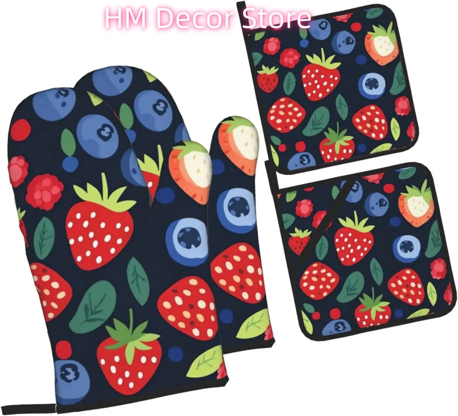 Navy Blueberries Oven Mitts and Pot Holders Sets of 4, Spring Country Heat Resistant Oven Mitts,Non-Slip Cooking Gloves for Kitc