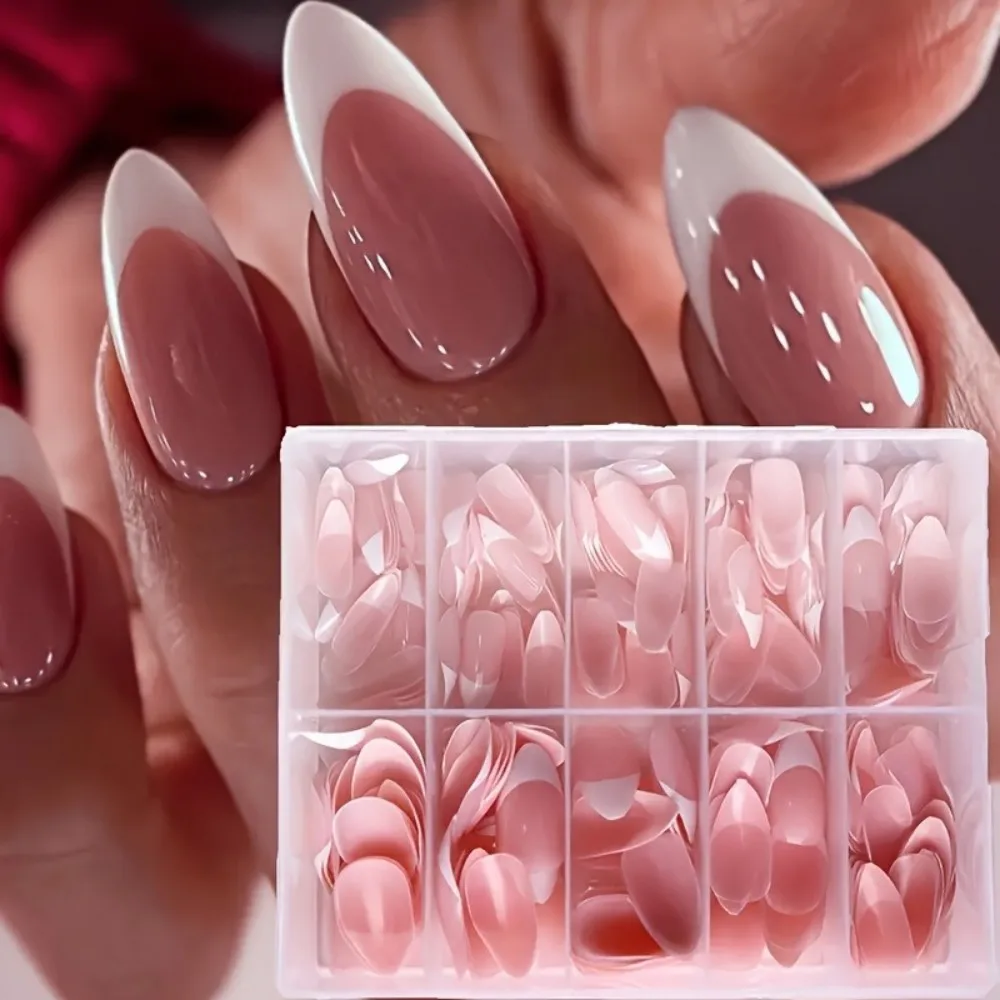 120PCS Long Almond Stiletto Press On Nails Dusty Pink White French Tips Full Cover Wearable Acrylic False Extension Kit