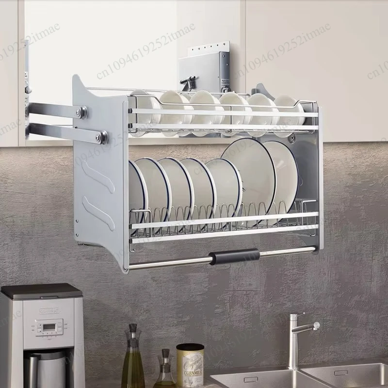Kitchen Wall Cabinet Pull-Down Elevator Basket, Lifting Storage Rack for Seasoning & Dish Organizer