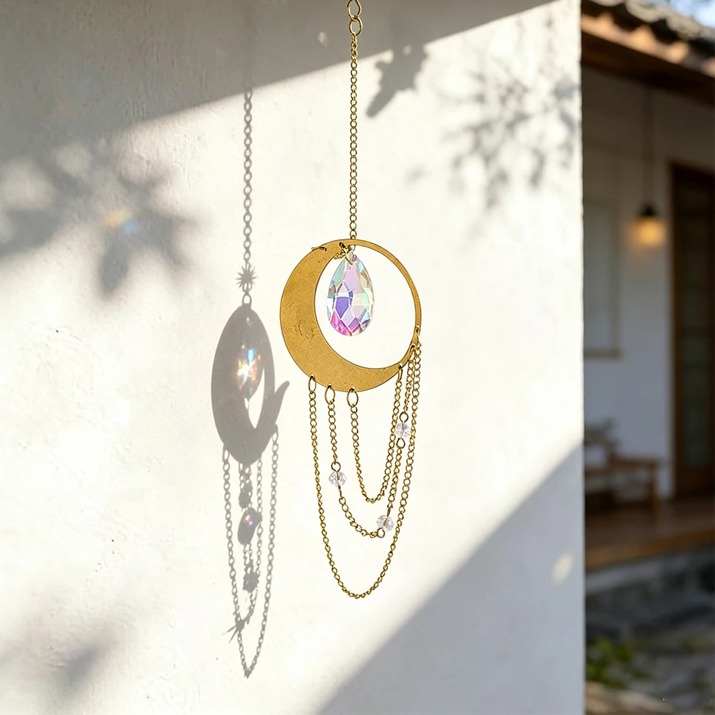 Crystal Suncatcher Crescent Moon Phase Windows Hanging Decor Teardrop Prism Magical Rainbow-like Effect with Tassel Chain Hook