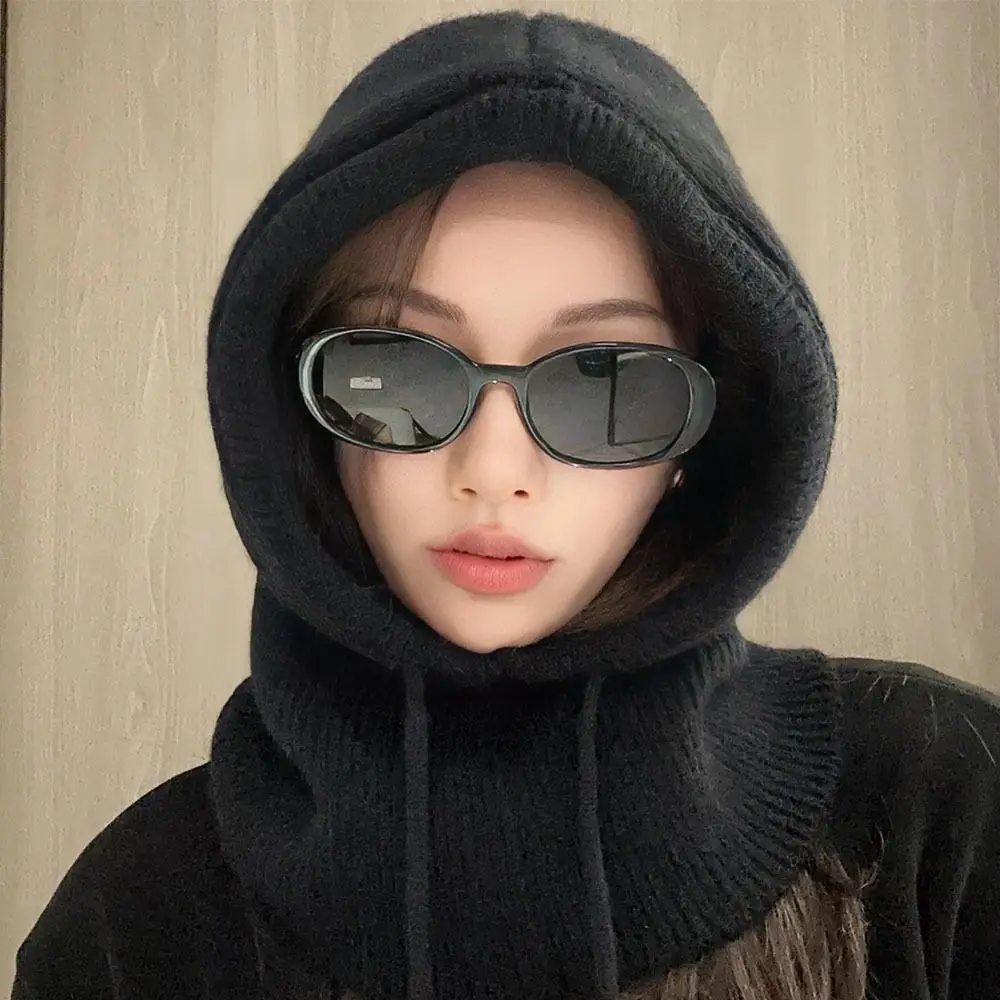 

Casual Drawstring Balaclava Hat Solid Color Woolen Knitted Hooded Cap Polyester Keep Warm Neck Collar Beanies Cap Girl