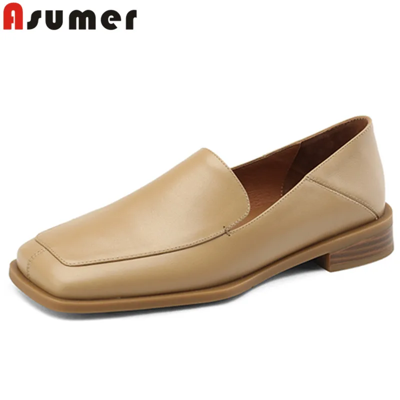 

ASUMER 2024 New Genuine Leather Shallow Shoes Woman Top Sale Spring Ladies Pumps Slip On Square Low Heels Dress Shoes