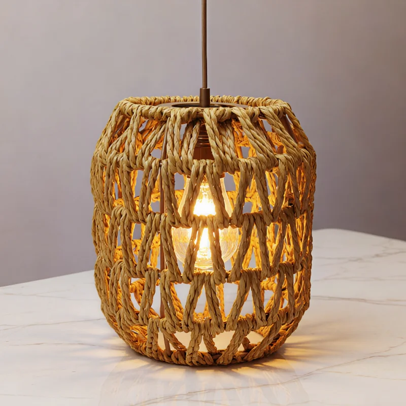 Bohemian Handwoven Rattan Lamp Shade, Oval Vase Rope Cover for Pendant Chandelier