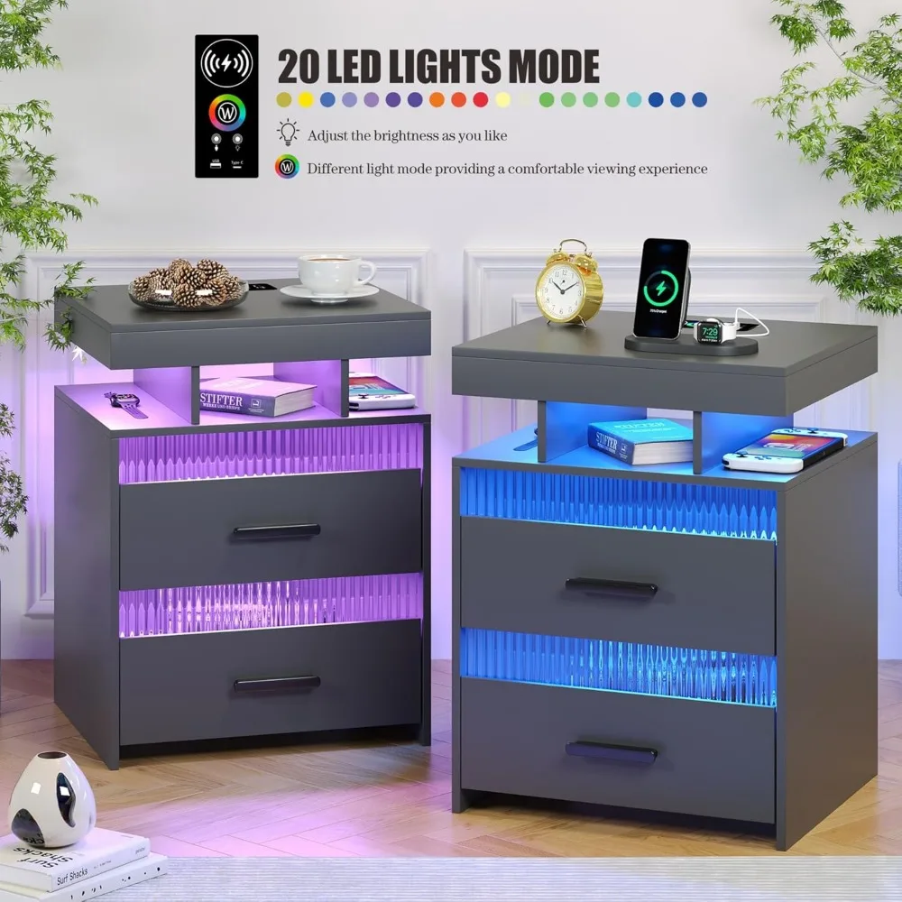 Intelligenter Nachttisch im 2er-Set mit Lichtern: LED-Nachttisch, Nachttisch mit Ladestation, LED-Nachttisch