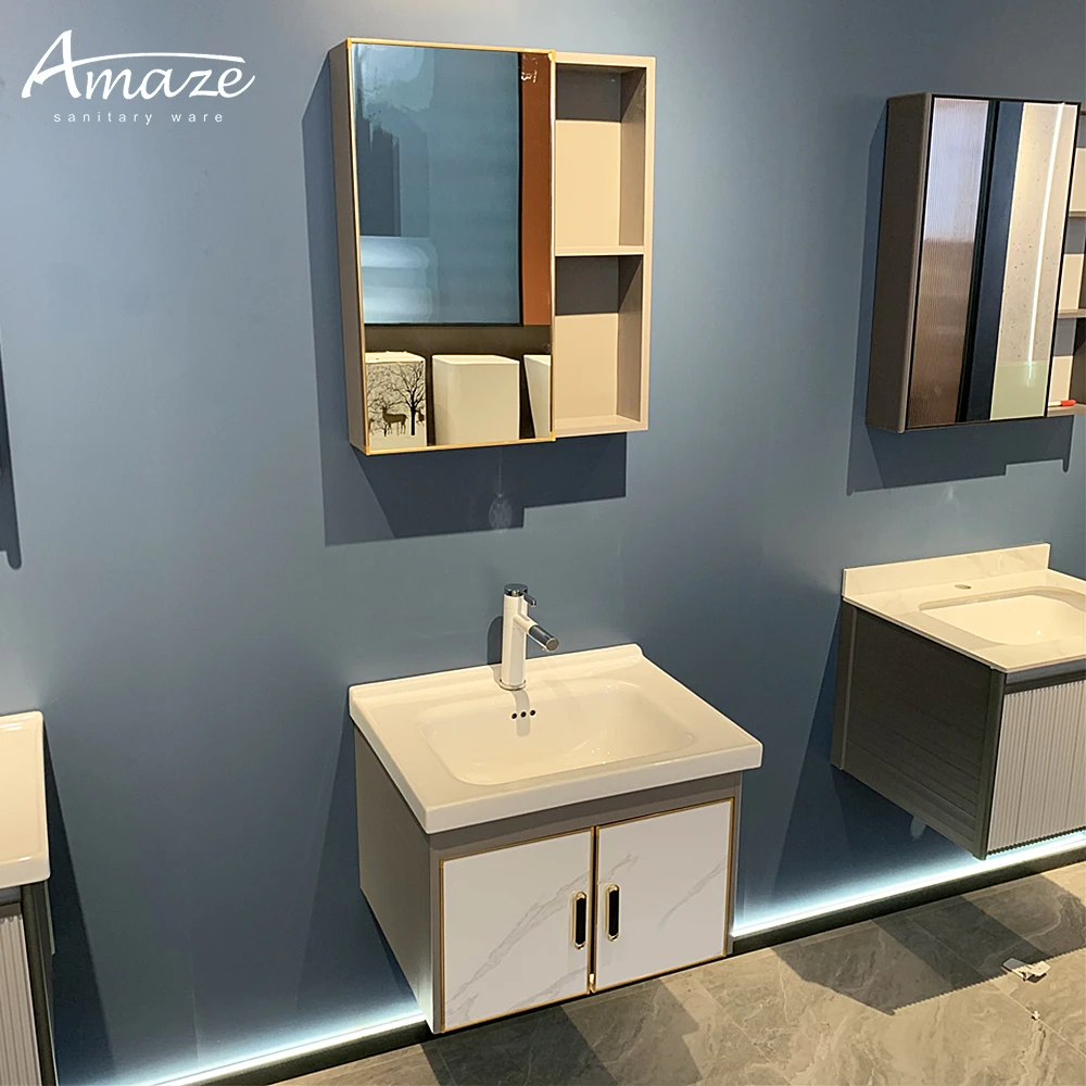 Home Living Bathroom Vanity - ตู้ห้องน้ำสไตล์โมเดิร์นสีเทา ตู้ห้องน้ำติดผนังอะลูมิเนียมพร้อมอ่างล้างหน้าเซรามิกและกระจก