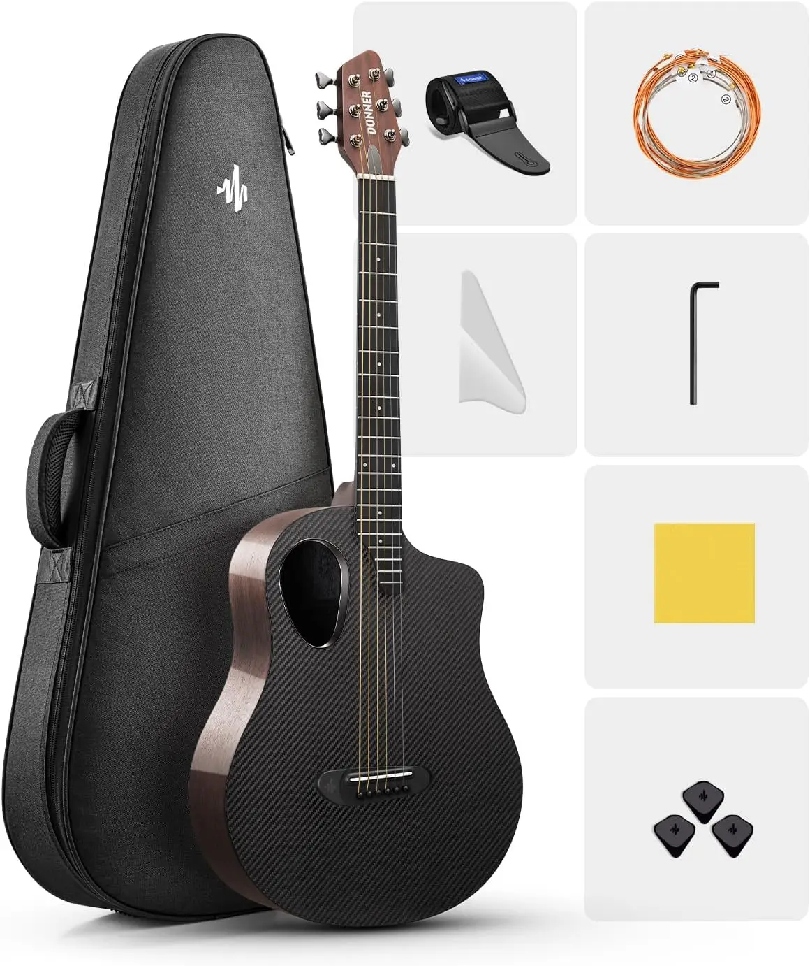 38" Acoustic Guitar Beginner and Intermediate Learning Kit, Carbon Fiber Top with Wooden Bowl, Durable Steel-String Guitar, Includes Case and Strap, Gloss Black Finish