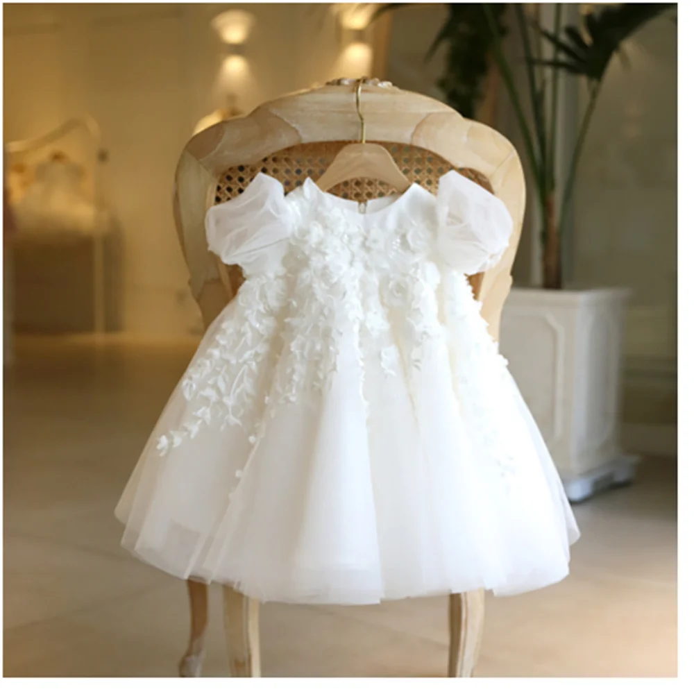 Vestido de princesa de cintura alta para batismo, branco, aniversário de bebê, casamento, flor, vestido de menina, fofo, personalizado, vestido de