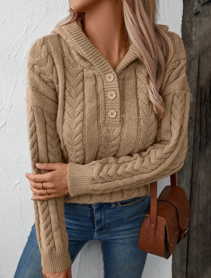 

Women's Sweater 2024 Autumn Fashion Vintage Button Fried Dough Twists Knit Long Sleeved Casual Solid Color Hooded Sweater