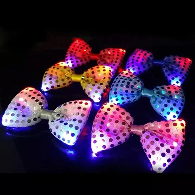 12pcs LED Sequin Bow Ties Light Up Flashing Boy Girls Men Tie Glow Party Supplies  Christmas Halloween - 3 Light Modes