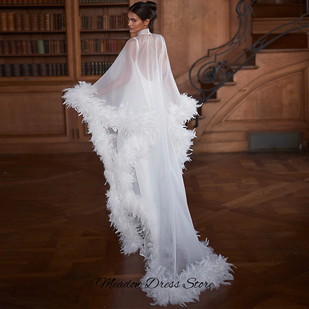 Delicate Feathers Bridal Gowns Fashion Spaghetti Straps Satin Wedding Dress with Shawl Elegant Mermaid Sleeveless Robe de mariée