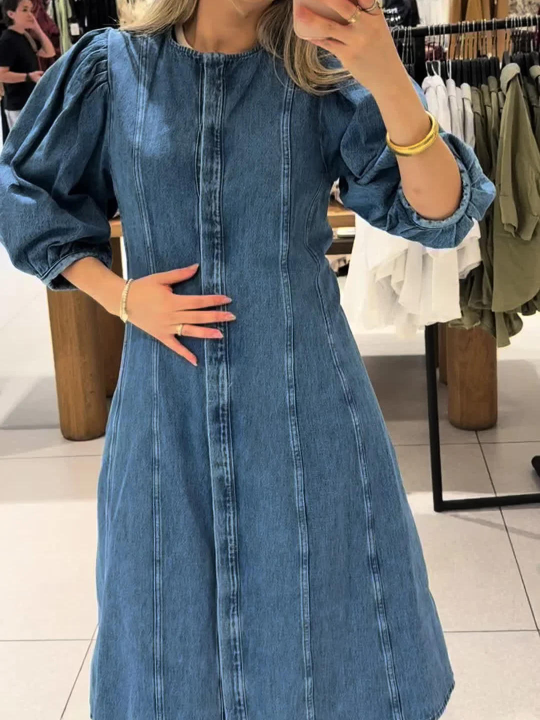 

Women's Retro Denim Dress Puff Sleeve Short Sleeve Women's Summer Round Neck Long Dress Fashion Slim Fit A-Line Robe