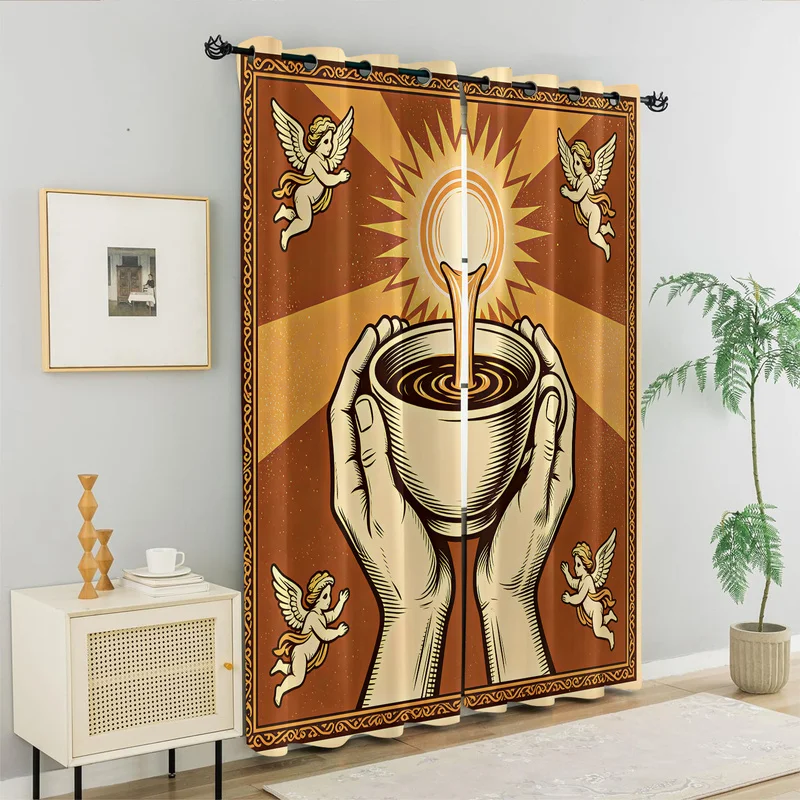 Vintage Sacred Coffee Curtain Golden Sunburst Angel Hands Holding Coffee Cup Print Window Drape Fashion Home Window Curtains