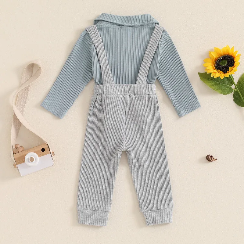 RUEWEY Newborn Baby Boys Pant Sets Spring Autumn Clothes Solid Color Turn-Down Collar Long Sleeve Bodysuit and Suspender Pants