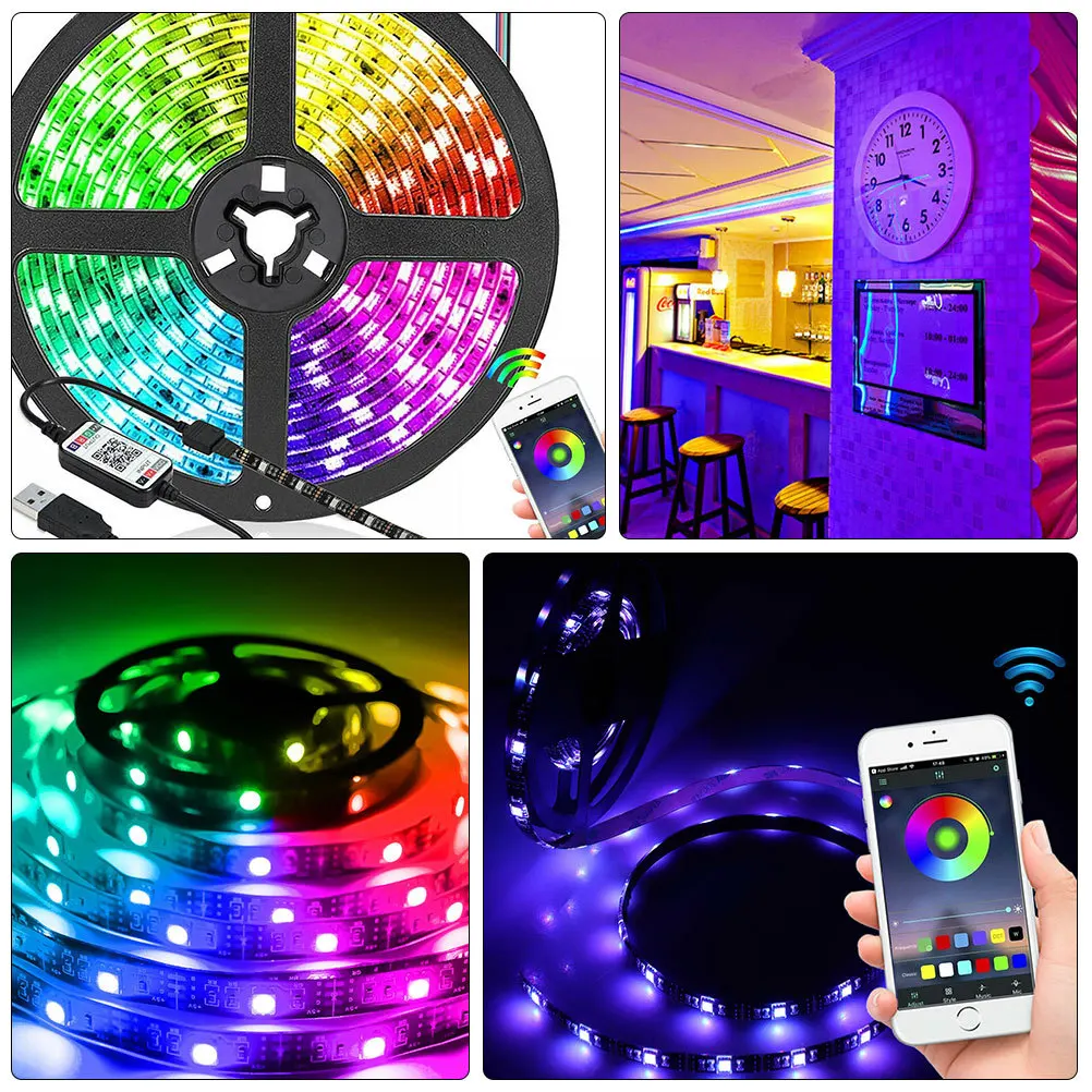 شريط إضاءة LED ملون RGB بطول 5 أمتار، إضاءة خلفية للتحكم في التطبيق، 16 شريط إضاءة LED لاسلكي قابل للتعتيم