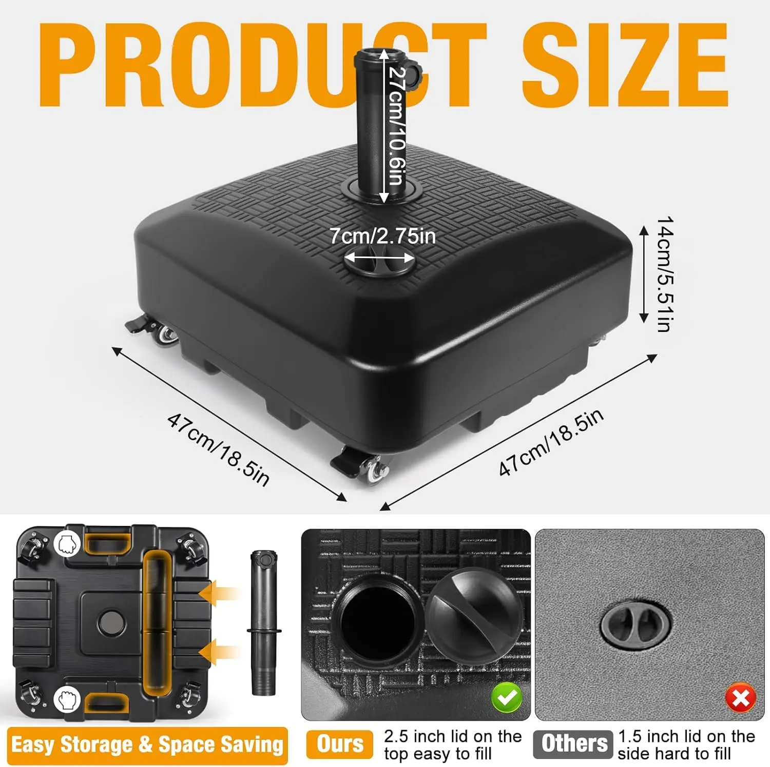 Umbrella Base Outdoor Patio Umbrella Stand with Wheels Fillable 125lb Heavy Duty Mobile Base Weighted Rolling Stand - Bl
