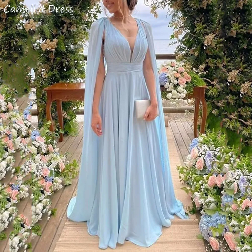 Demure Deep V Neck Mother Of The Bride Dress Cloak A Line Formal Dresses Pleats Open Back Vestidos Mae Da Noiva Casamentos