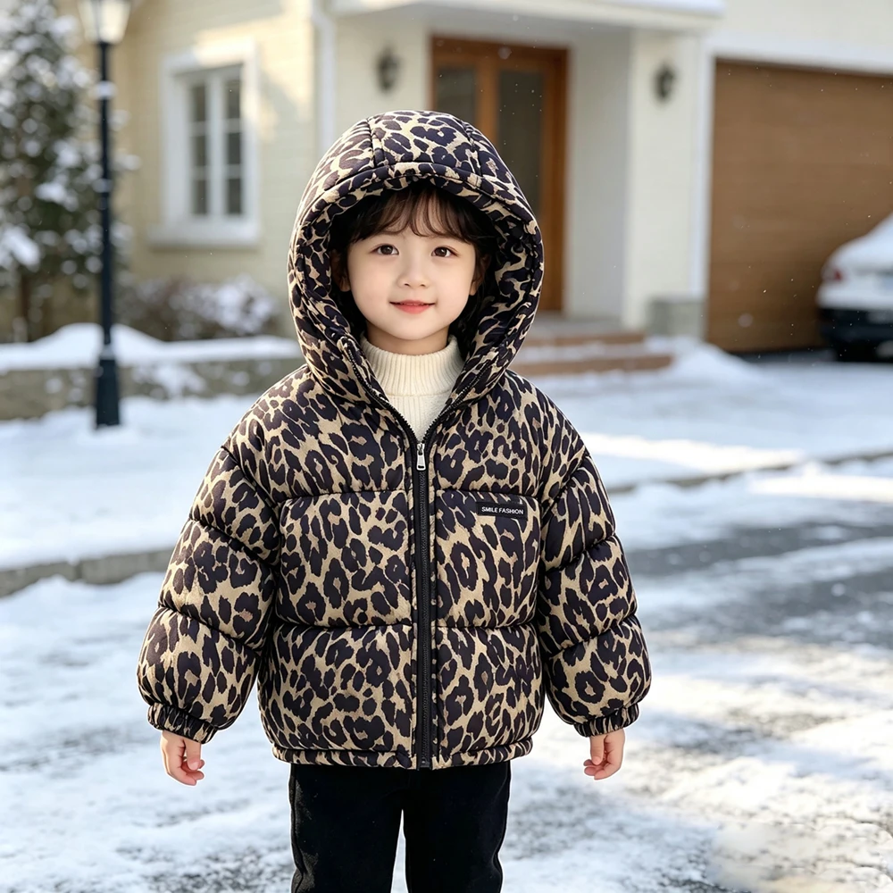 Children Leopard Print Hooded Down Coat 2026 Autumn Winter Baby Boys Girls Lamb Wool Lining Thick Warm Outerwear Kids Clothes