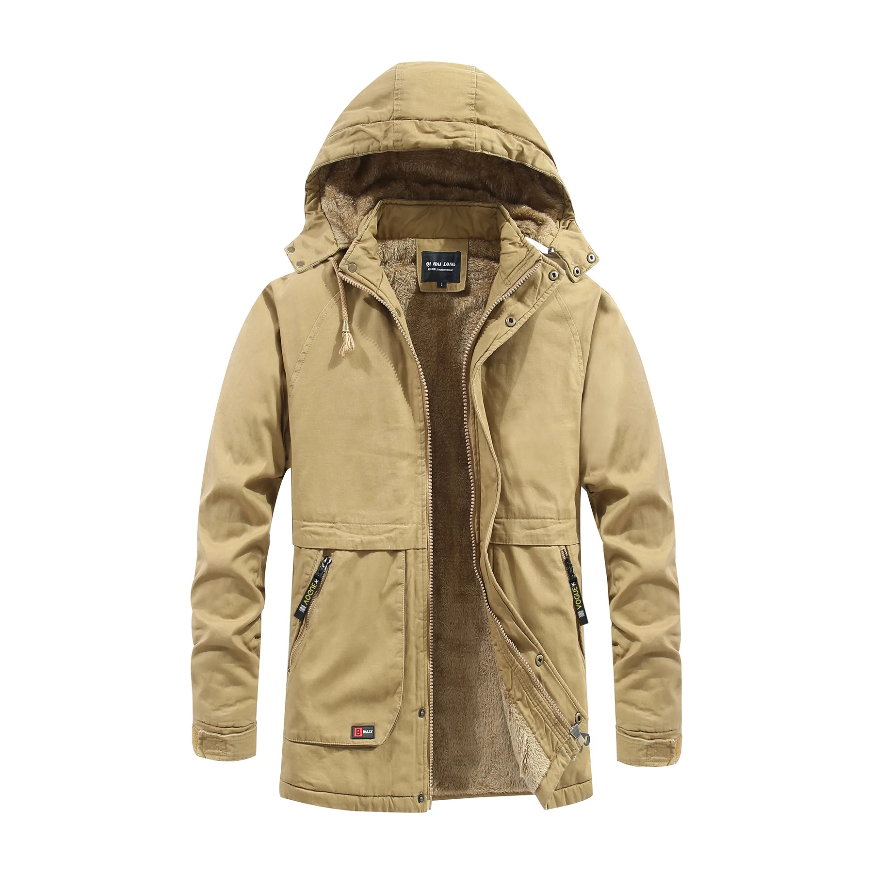 2025 Men Jacket Winter Retro Thicken Fleece Long Sleeve Male Cargo Coat Mid Length Zipper Men Detachable Hooded Outerwear