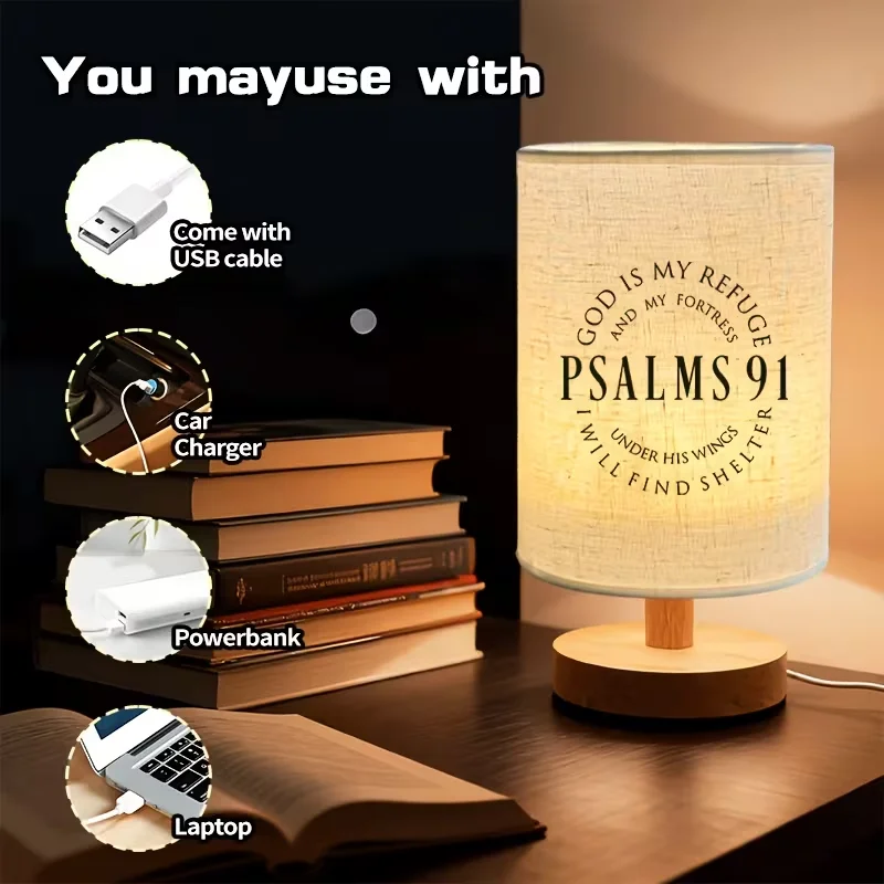 Simple Letter Print Linen Fabric Bedside Table Lamp, Wood Stand Soft Ambient Light For Home