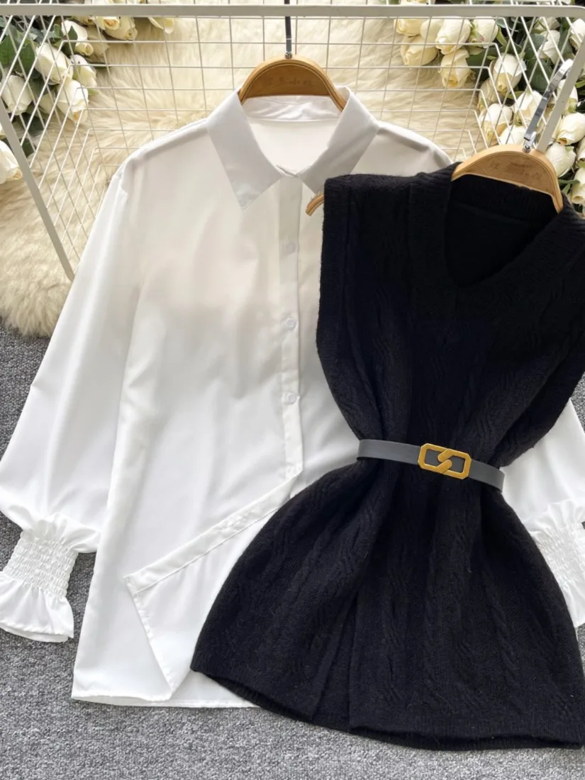 Foamlina Women Autumn 2 Pieces Set Fashion Turn Down Collar Long Sleeve White Shirt and Knitted Outerwear Vest Top with Belt