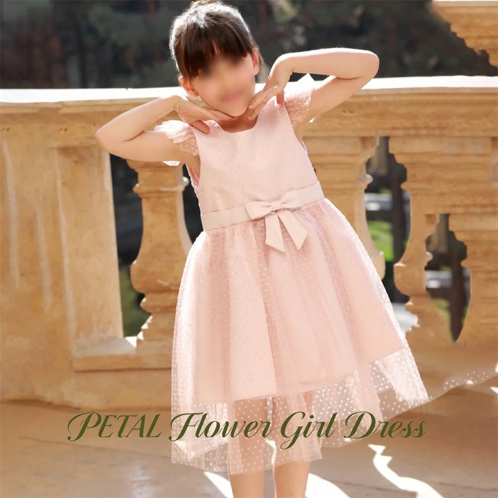 Petal Dusty Pink Swiss Dot Kids Birthday Party Dress with Bow Pageant Dress for Girl Round Neck First Communion Gown Customized