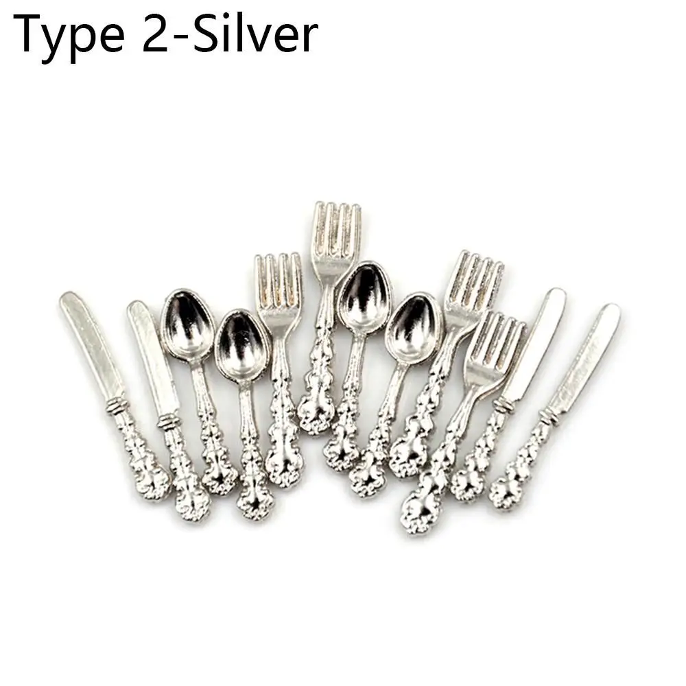 12PCS Metal Kitchen Dollhouse Furniture  Accessory Simulation Mini Cutlery Miniature Cookware Fork Knife Spoon