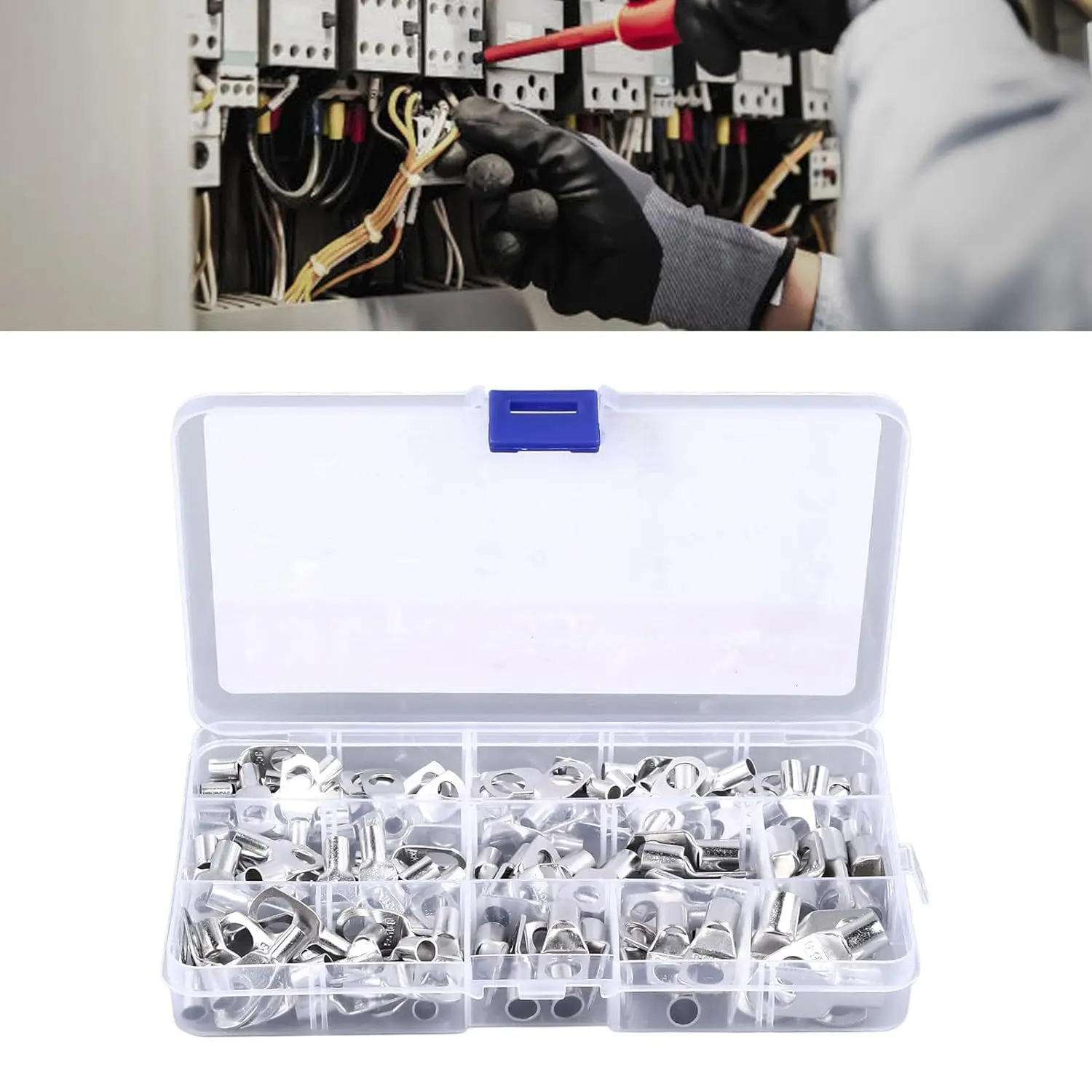 130Pcs SC Copper Lugs Kit, Cold Crimp Open Barrel Cable Terminals Wire Connectors with Storage Box