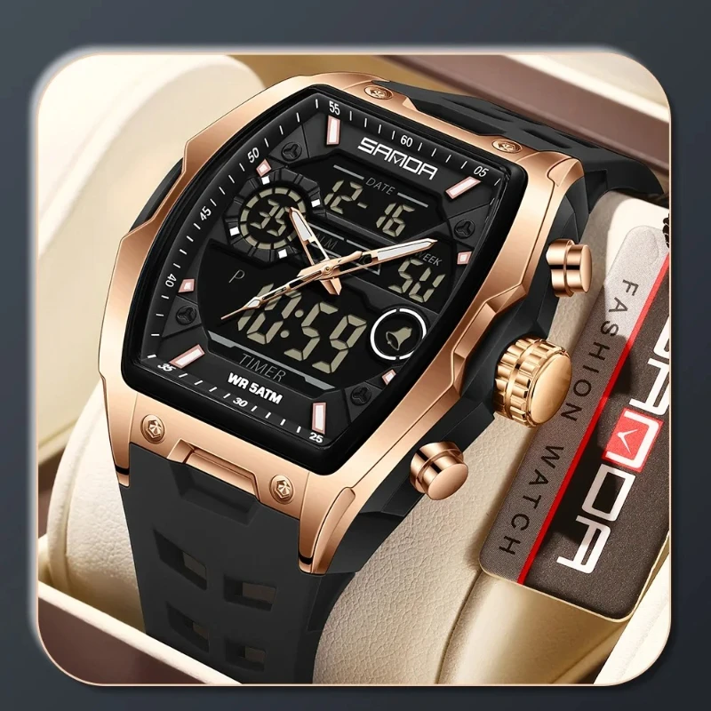 

SANDA 6235 Тип винной бочки Мужские электронные часы с двойным дисплеем Спортивные светодиодные ночники Дата Неделя Хронограф Военные часы Мужские