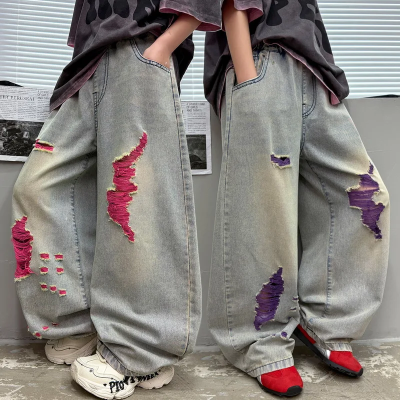 Cool Boys Street Style Ripped Baggy Jeans With Holes Kids Summer Fashion Broken Denim Pants Children's Vintage Spring Trousers