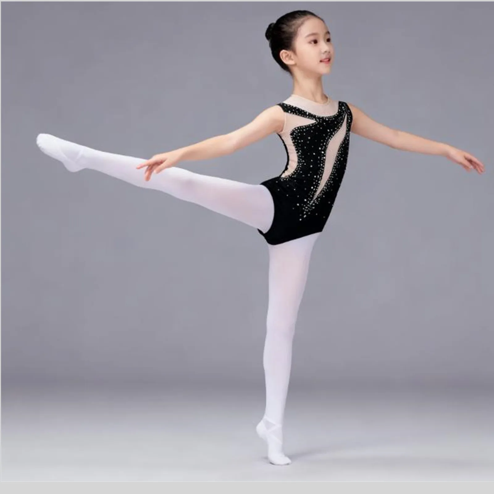 

Детский гимнастический костюм для девочек, фигурное катание, балетный трико, танцевальный трико, костюм для выступлений, прозрачное сетчатое боди с блестящими стразами