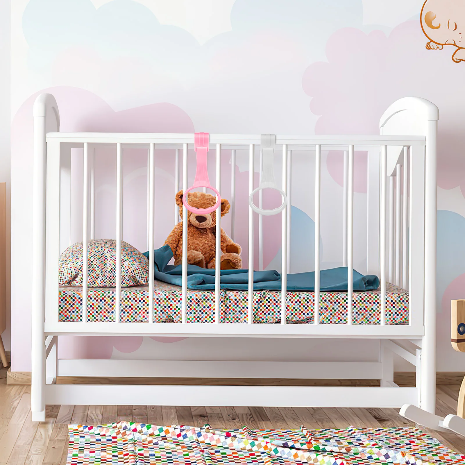 

Baby Crib Pull Ring 4Pcs Set for Playpen Cot Stroller Toddler Standing Aid Handle Hanging Ring Nursery Bed Grip Support