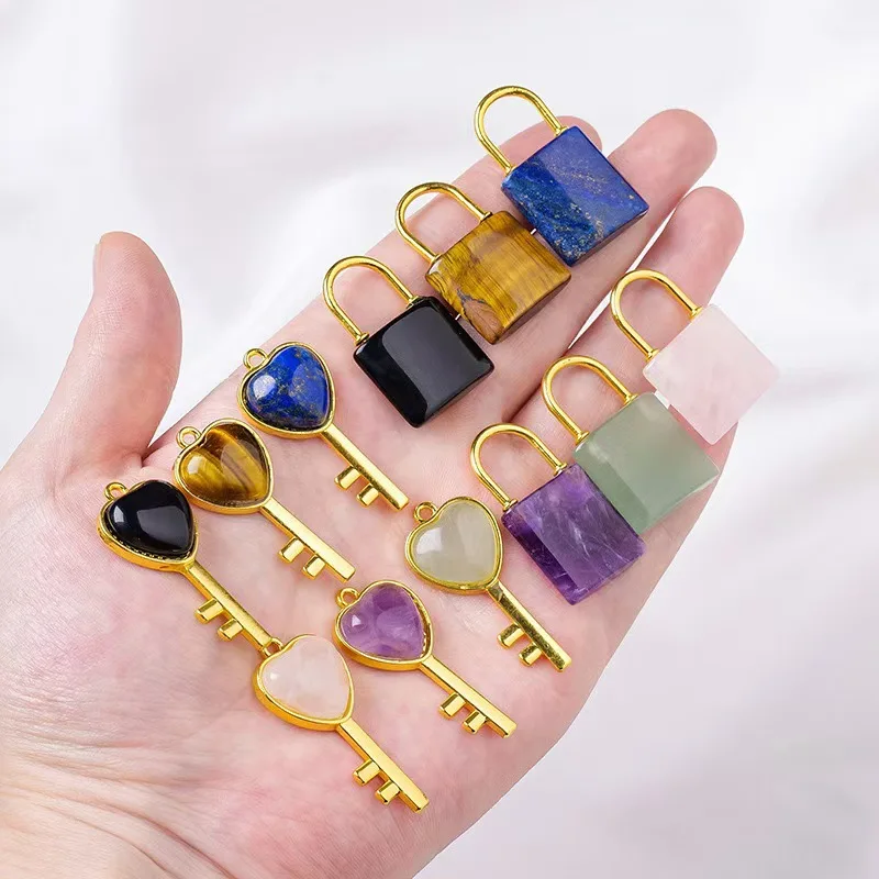 Love Couple Lock Key Pendant Set Heart Shaped Natural Black White Crystal Amethyst Tiger Eye Rose Quartz Stone Lock