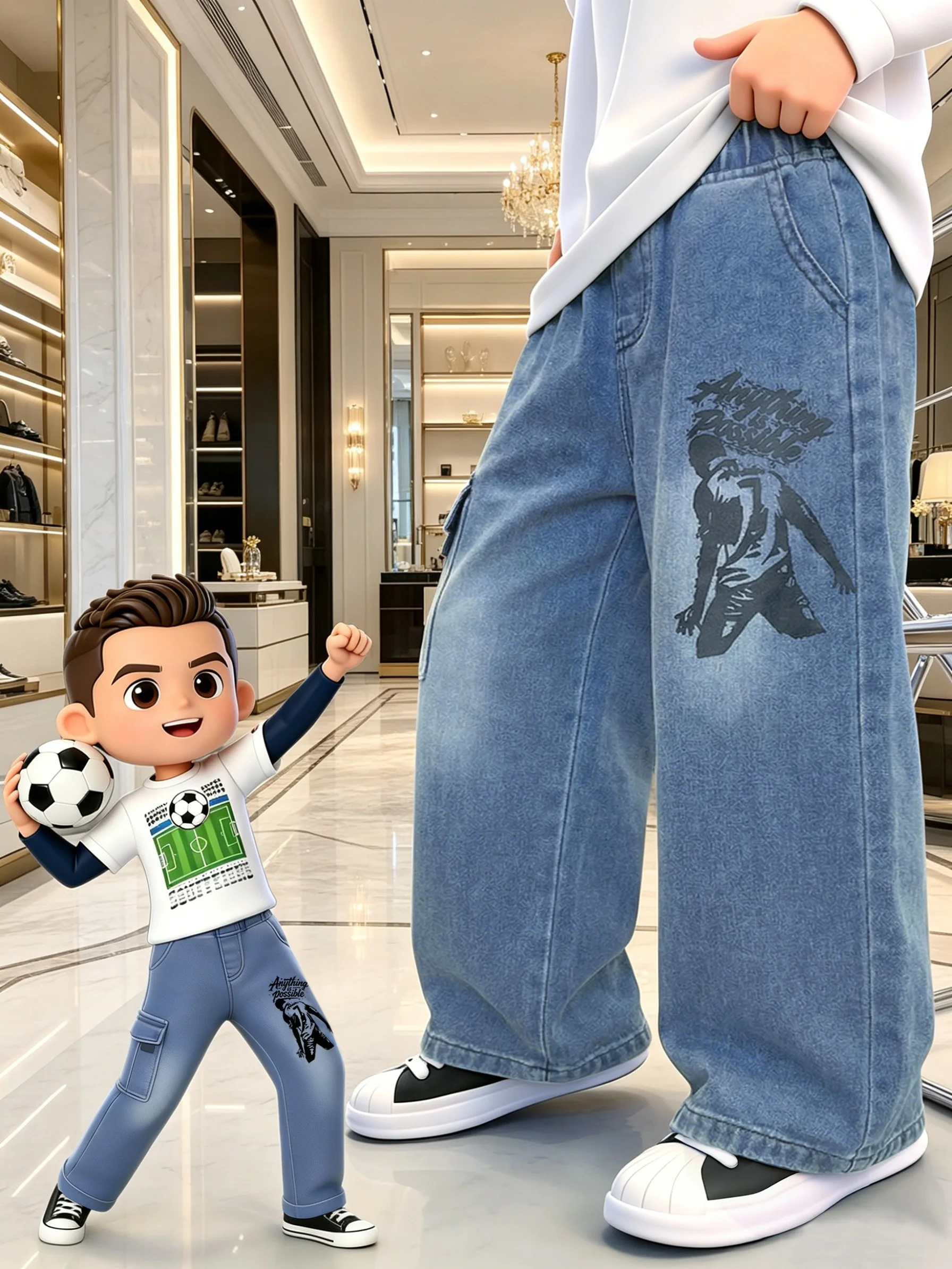 Original Design Boys' Workwear Jeans with Printed Football Figures and Inspirational Slogans, Sporty Style, Elastic Waist, Vintage Wash, Children's Clothing Jeans with Side Workwear Pockets, Street Style Workwear Loose Denim Pants, Boys' Comfortable Elastic Waist Casual Long Pants, Suitable for Daily Play and Outdoor Activities, Designed for Little Soccer Enthusiasts