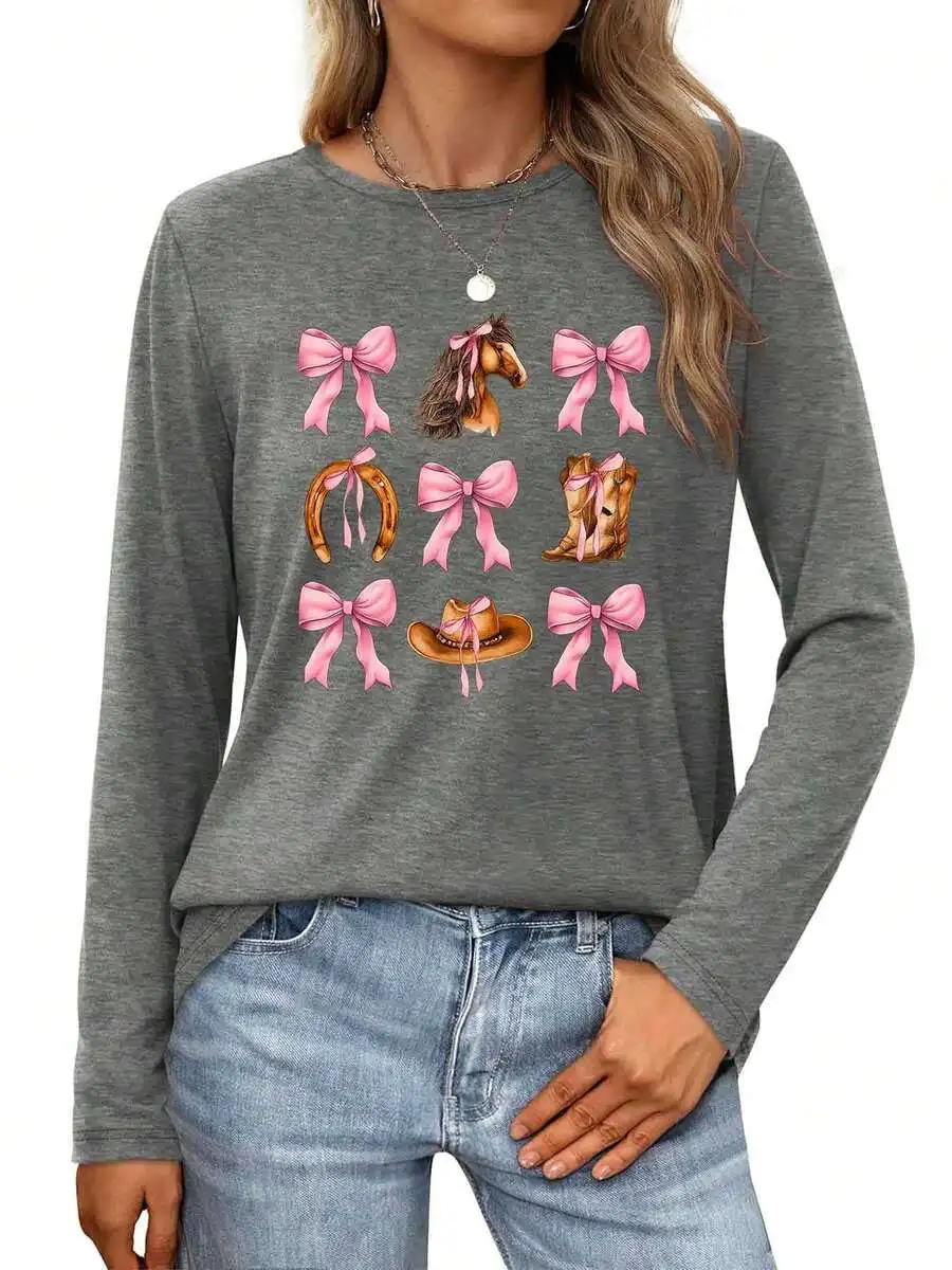 

Western Icons With Pink Bows Horse Boots Hat Horseshoe Women Long Sleeve Crewneck T-Shirt