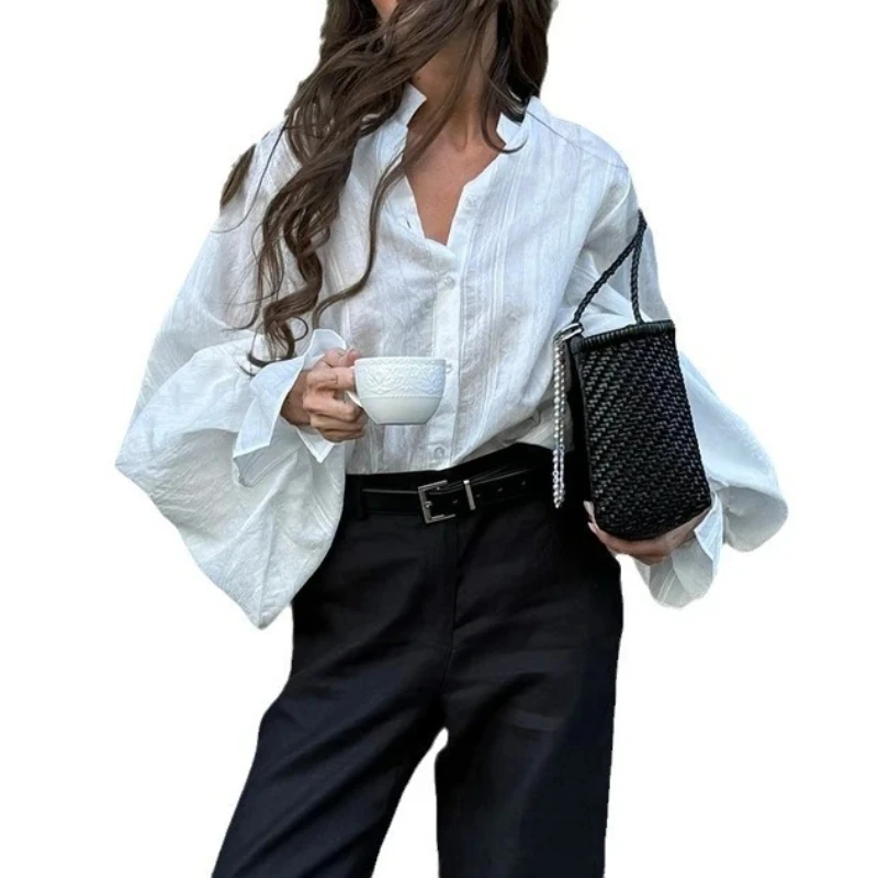 2025年夏 レディース スイートでフレッシュなルーズオーバーサイズ スタンドカラー ランタンスリーブ 長袖シャツ トップス