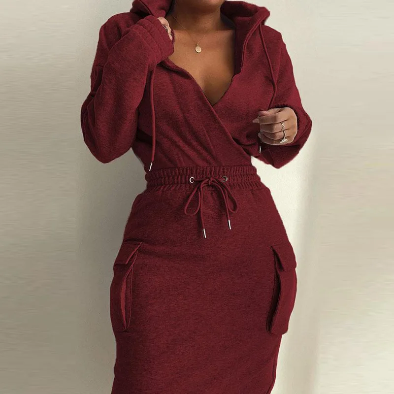 Women Solid Color Hooded V-neck Top Drawstring Tight Long Skirt Suit