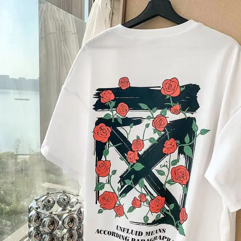 Summer Men Roses Print T-Shirt Fashion Cotton Tops Tees Male Casual Clothing Short Sleeve Streetwear Harajuku Y2K T-shirt