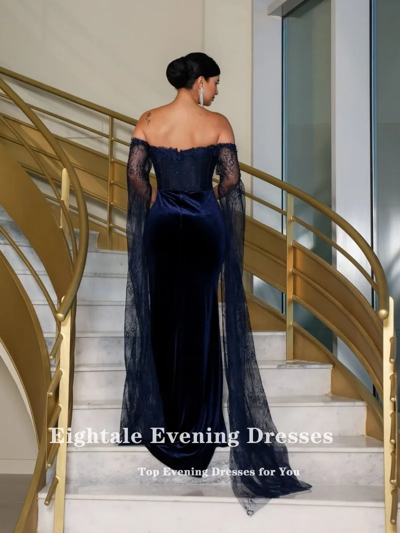 Eightale ベルベット イブニング ドレス 結婚式 パーティー用 カスタマイズされたストラップレス ビーズ ネイビー ブルー マーメイド 長袖 アラビア プロムドレス