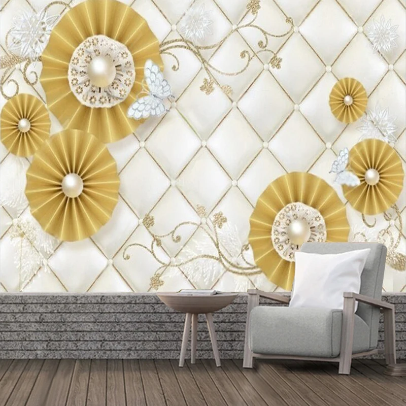 Modern Golden Flower Soft-Pack Pearl Abstract Art Hand-Painted Color Butterfly TV Luxury Home Decoration Wall Sticker Mural