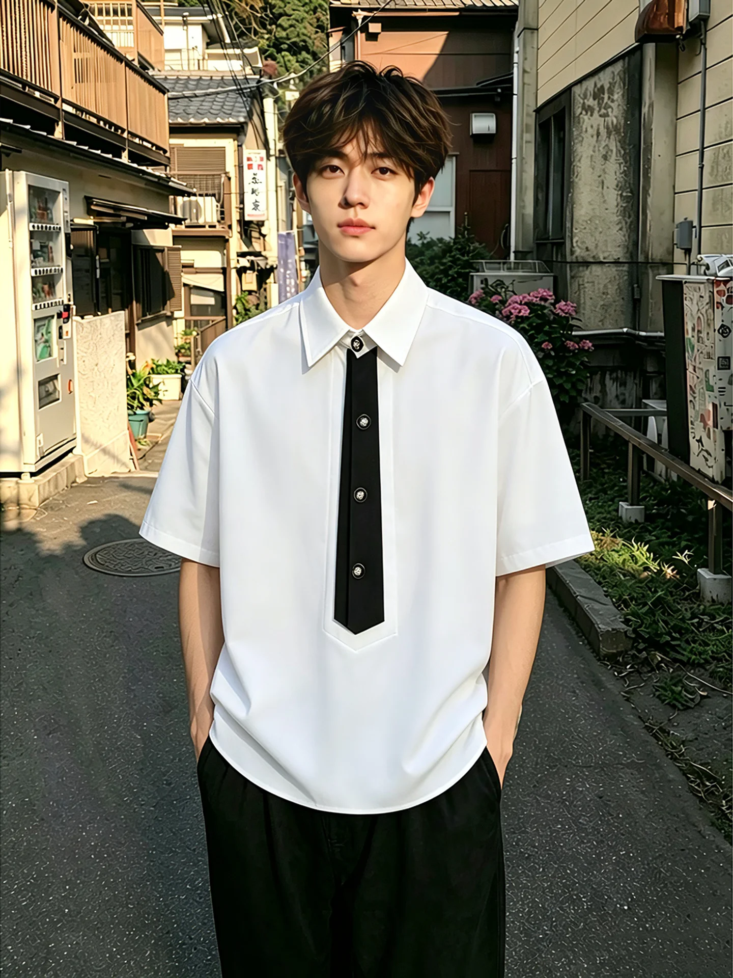 White Ice Silk Short Sleeve Shirt Men's Summer Design American College Style Fake Tie Shirt Breathable Comfortable Loose Fit