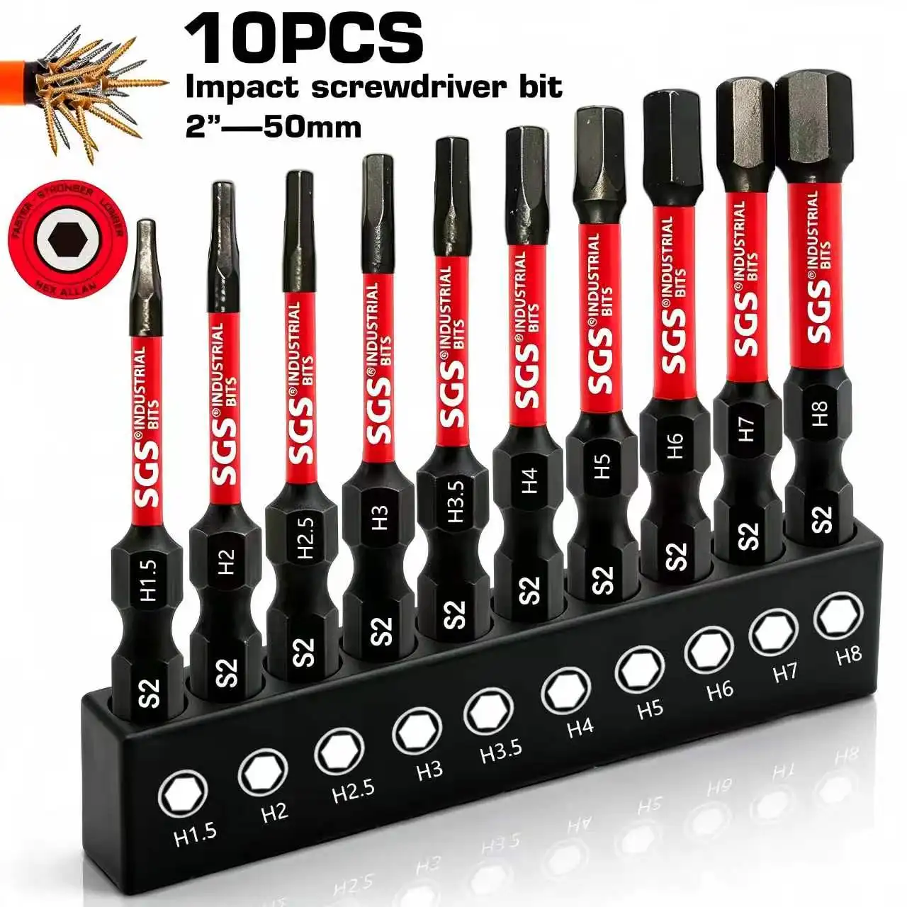 10-Piece Set of 50mm Strong Magnetic Hex Bits, H1.5/2/2.5/3/3.5/4/5/6/7/8, S2 Steel Electric Screwdriver Impact Drill Bit Tool Set, for Flat-Pack, Furniture Assembly, Bicycle Repair, 3D Printer Repair