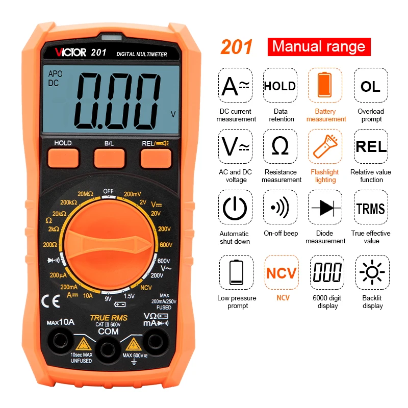 

VICTOR Digital Multimeter Tester 2000 Count TRMS AC/DC Voltage Tester Amp Ohm Volt Meter Large LCD Screen Multimetro Tester 201