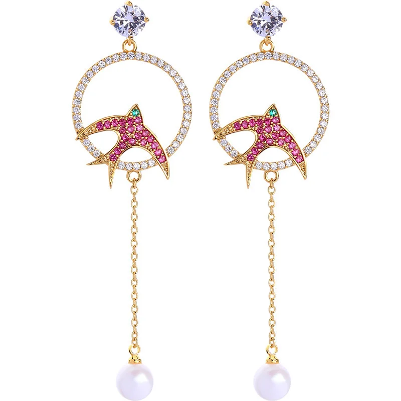 Elegant Swallow Shape Pearl Drop Earrings for Women, Gold Plated Pink Zircon Long Chain Dangle Earrings, Daily Party Jewelry