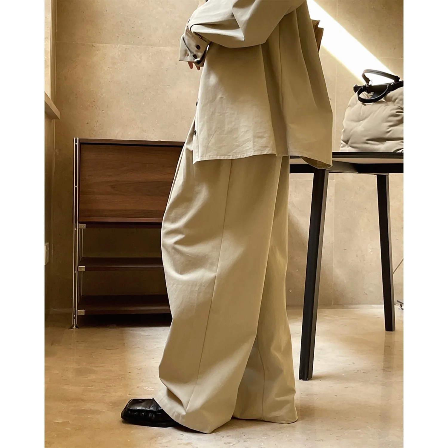 100% Cotton Women Autumn Stright Wide Leg Pants With Pocket High Waist Fashion Khaki Pants Female Women Clothes Trousers