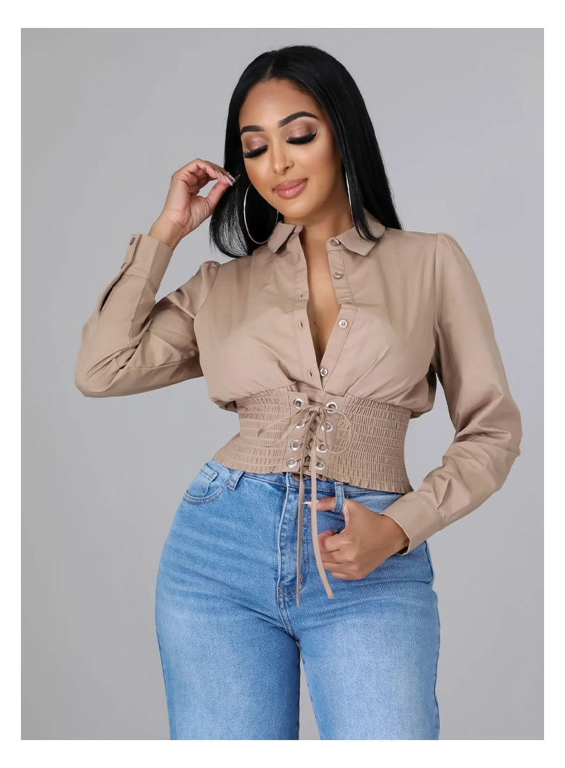 Women’s Shirred Waist Shirt Corset Tie Detail Shirt Long Sleeve Blouse Short Button Front Blouse